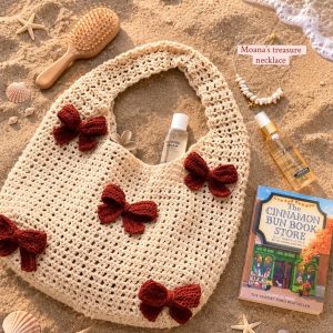 Handmade cream crochet tote bag with brown crochet bows