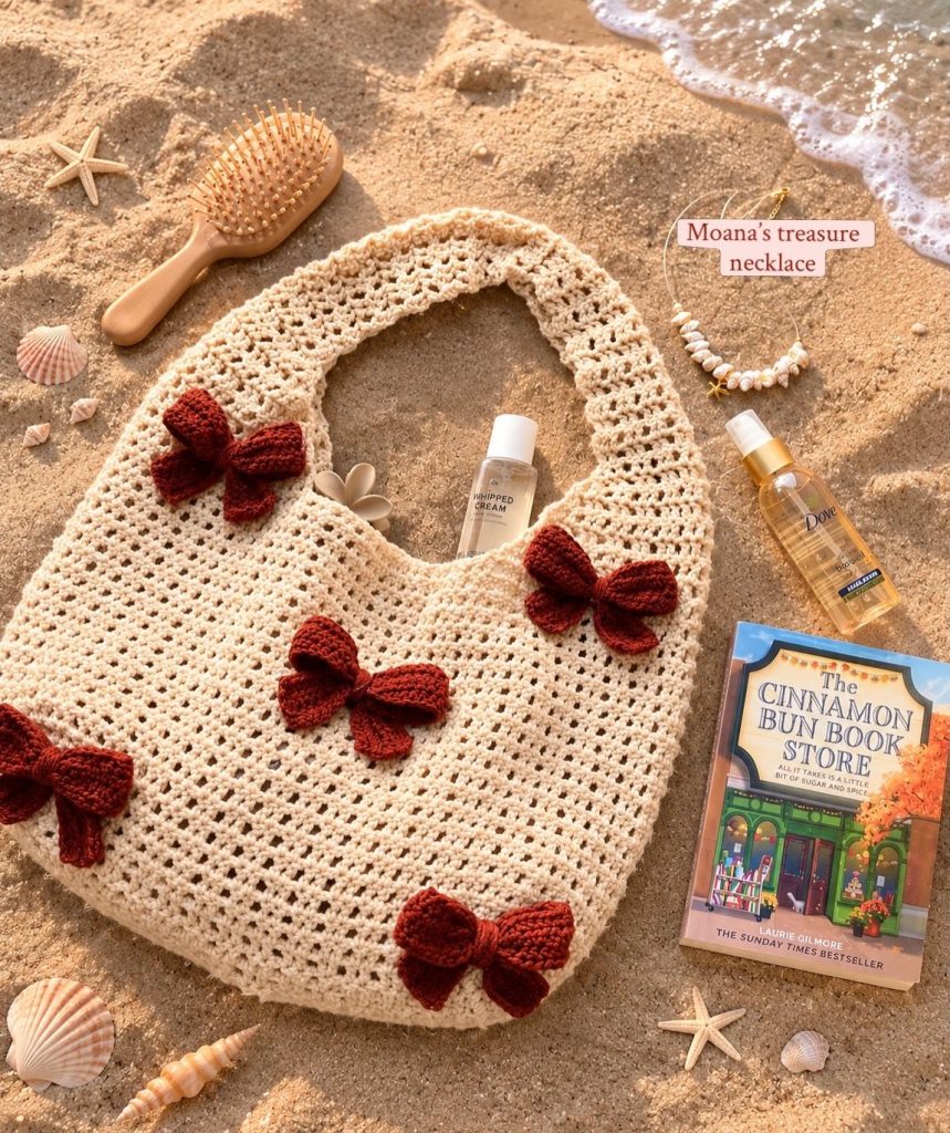 Handmade cream crochet tote bag with brown crochet bows